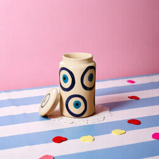 Handcrafted Evil Eye Ceramic Storage Jar – 450ml | Protection Meets Practicality